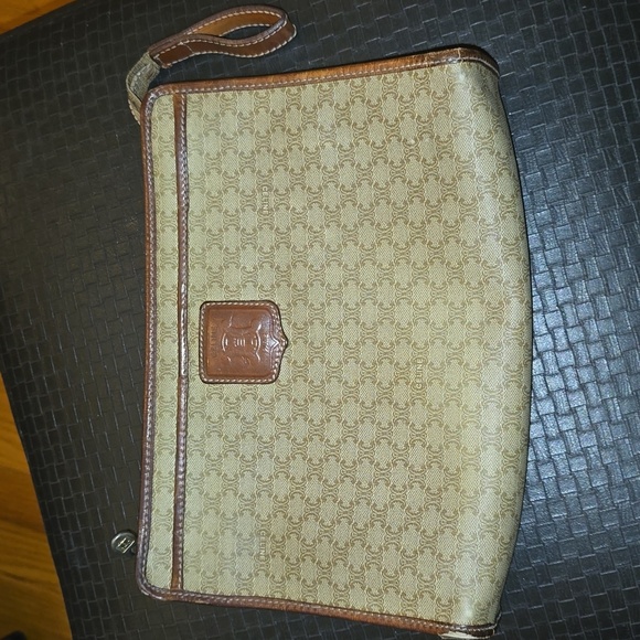 Celine Beige Pvc & Brown Leather Trim Clutch Vintage Authentic Accessory Pouch - Picture 1 of 14